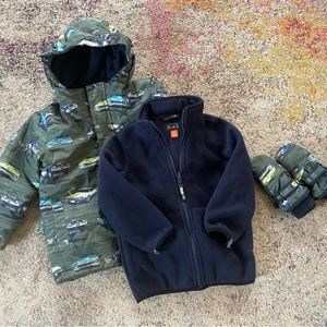 Boys 4t hot rod cars winter coat jacket removable fleece, gloves  green blue